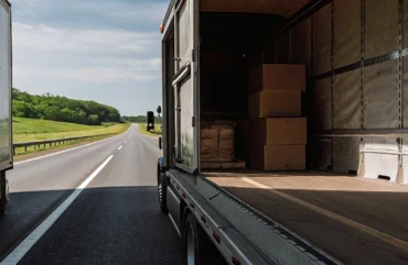 Professional moving truck transporting belongings from Delaware to Maryland along an interstate highway