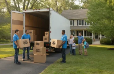 Professional movers loading boxes beside a moving truck in Delaware