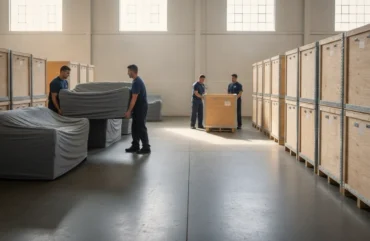 Professional movers protecting furniture in a Delaware warehouse