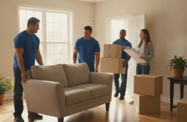 Moving crew carrying furniture through a Newark Delaware apartment