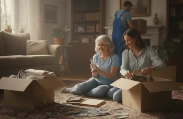Family helping a senior sort belongings for a Delaware downsizing move