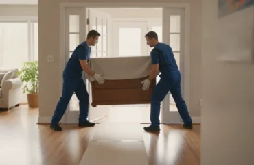 Professional movers load protected furniture outside a Chester County home