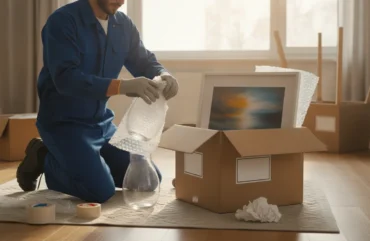 Professional movers carefully protecting fragile household items during a Delaware move
