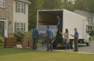 Moving crew carefully loads wrapped household furniture into a truck at a suburban home