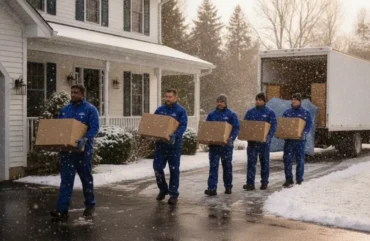 Moving during winter in Delaware with a professional crew carrying boxes from a snowy home