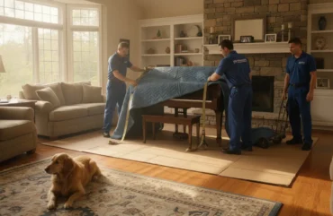 Moving crew prepares a piano for transport in Chester County