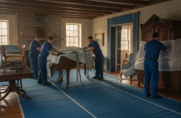 Movers protect a piano and antique furniture in a Chester County home